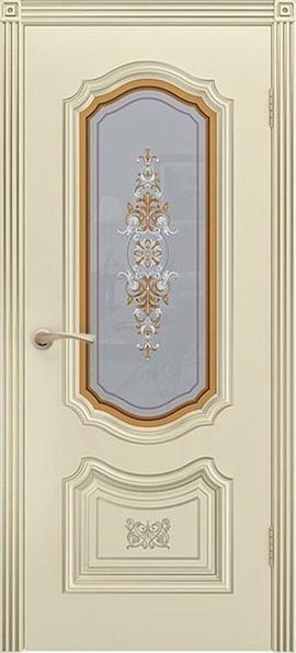 Дверь эмаль Глория (патина белое золото) остекленная шампань