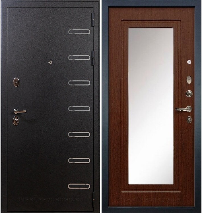 Дверь «Витязь 30» входная с зеркалом черный шелк / береза мореная (с зеркалом)