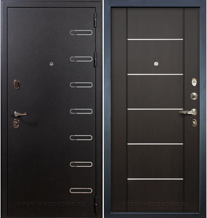 Металлическая квартирная порошковая дверь с МДФ - Витязь 24. Черный шелк / Венге с молдингом (горизонтальная вставка)