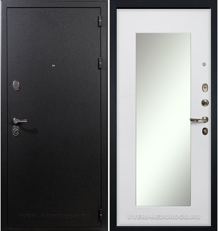 Дверь «Рим 37» входная с зеркалом черный шелк / белый ясень (с зеркалом)