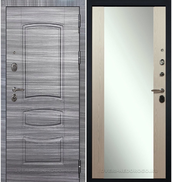 Дверь «Легион Сандал серый 45» входная с зеркалом сандал серый / беленый дуб (с зеркалом)