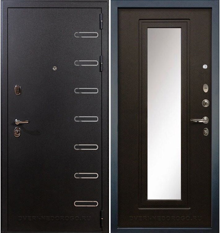 Входная порошковая дверь с МДФ и зеркалом - Витязь 22. Черный шелк / Венге (с зеркалом)