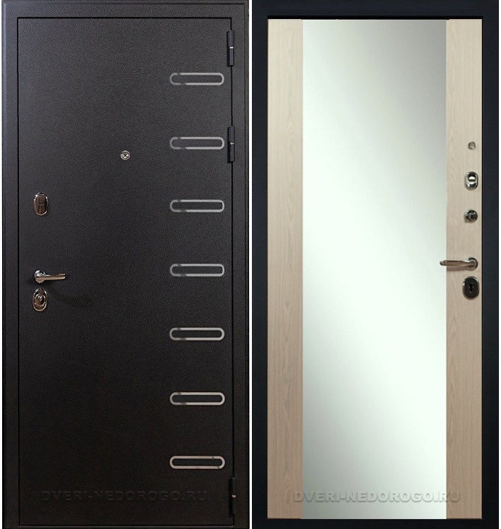 Дверь «Витязь 45» входная с зеркалом черный шелк / беленый дуб (с зеркалом)