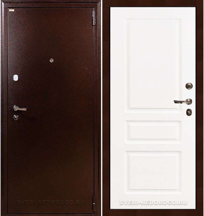 Дверь входная снаружи порошковая внутри МДФ - 1А 94. Медный антик / Белый снег софт