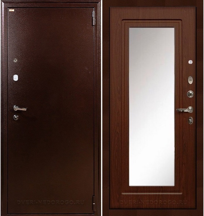 Дверь «1А 30» входная с зеркалом медный антик / береза мореная с зеркалом