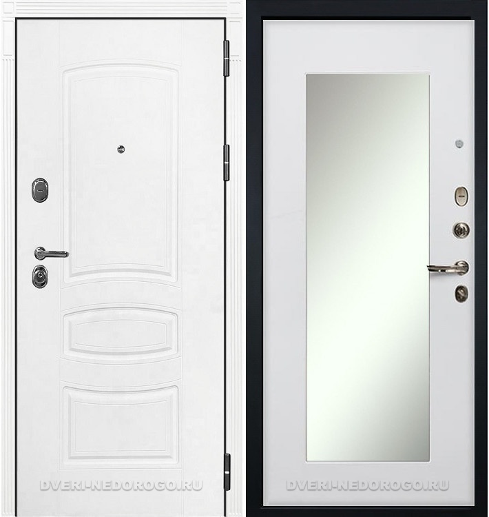 Входная дверь с зеркалом «Легион Белая шагрень 37» белая шагрень / белый ясень (с зеркалом)