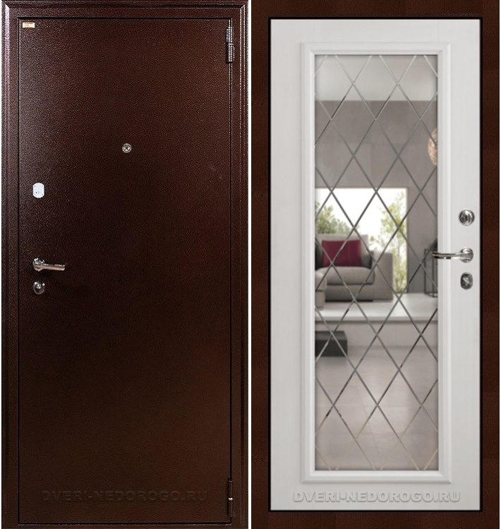 Дверь «1А 101» входная с зеркалом медный антик / софт белый снег (зеркало с гравировкой)