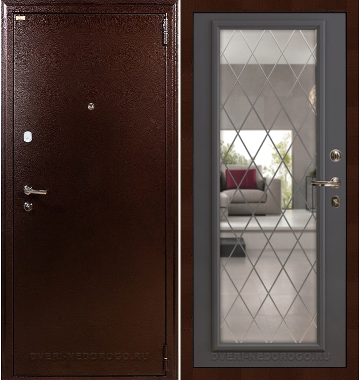 Дверь «1А 100» входная с зеркалом медный антик / софт графит (зеркало с гравировкой)