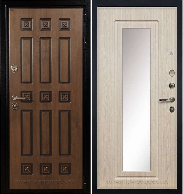 Дверь «Гладиатор Винорит 23» входная с зеркалом голден патина / беленый дуб (с зеркалом)