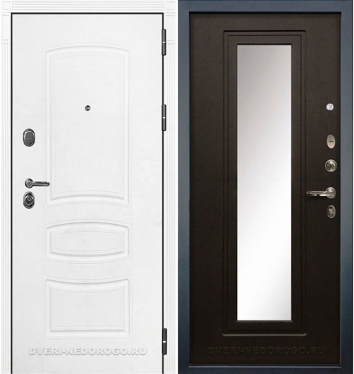 Дверь «Легион Белая шагрень 22» входная с зеркалом белая шагрень / венге (с зеркалом)