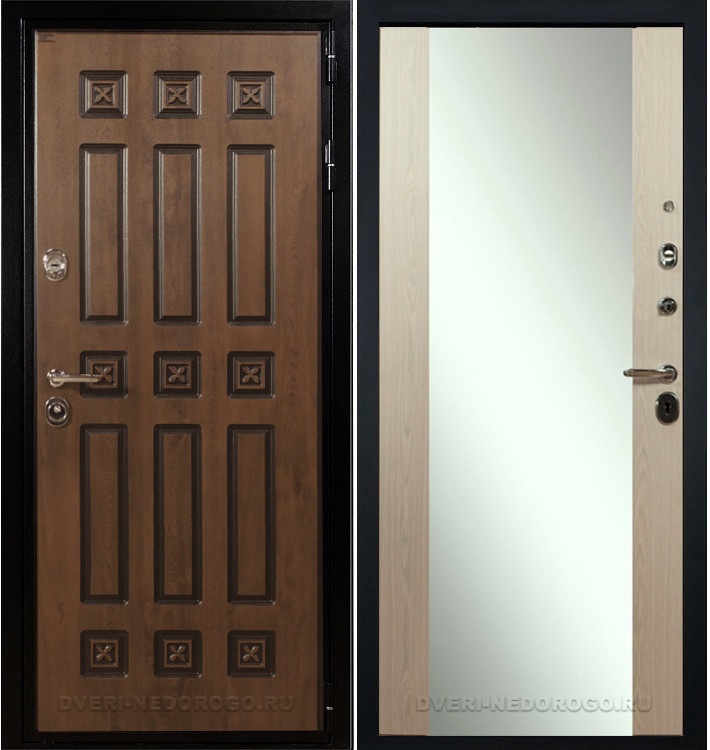 Дверь входная металлическая с зеркалом Гладиатор Винорит 45. Голден патина / Беленый дуб (с зеркалом)