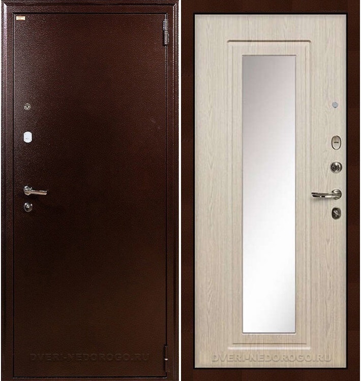 Входная дверь с зеркалом «1А 23» медный антик / беленый дуб с зеркалом