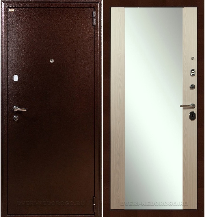 Дверь «1А 45» входная с зеркалом медный антик / беленый дуб с зеркалом