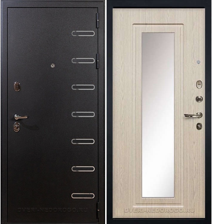Дверь «Витязь 23» входная с зеркалом черный шелк / беленый дуб (с зеркалом)