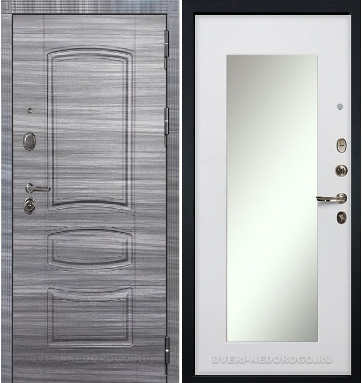 Дверь «Легион Сандал серый 37» входная с зеркалом сандал серый / белый ясень (с зеркалом)