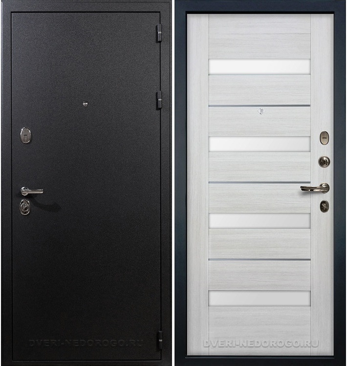 Металлическая порошковая дверь с МДФ и стеклом - Рим 46. Черный шелк / Беленый дуб