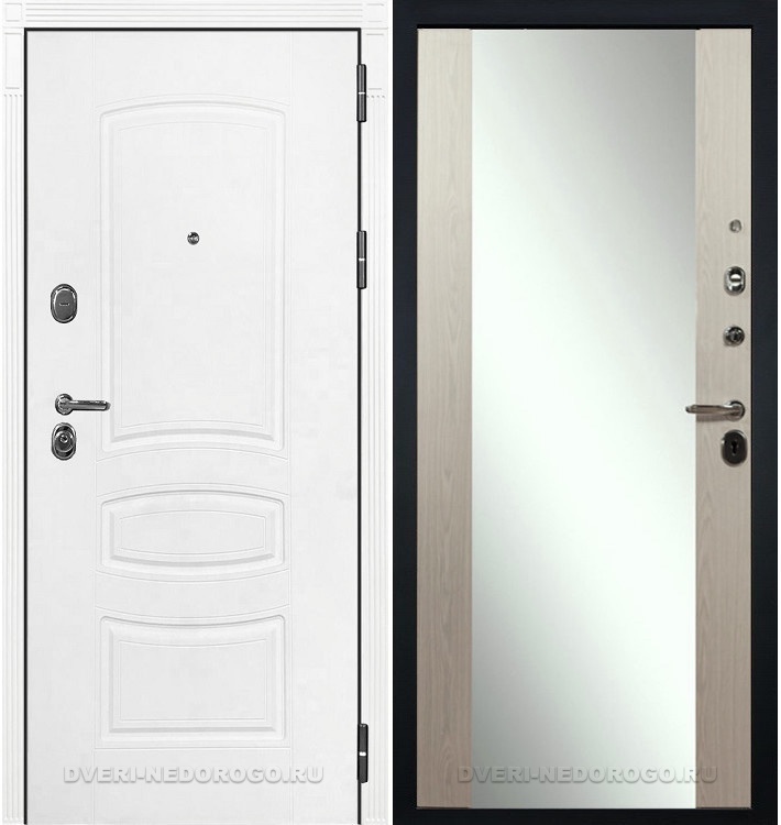 Дверь «Легион Белая шагрень 45» входная с зеркалом белая шагрень / беленый дуб (с зеркалом)