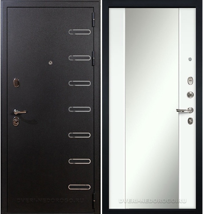 Дверь «Витязь 61» входная с зеркалом черный шелк / белый экошпон (с зеркалом)