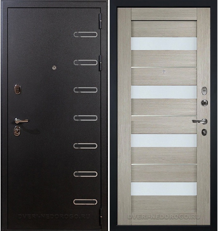 Металлическая порошковая дверь с МДФ и стеклом внутри - Витязь 48. Черный шелк / Кремовый ясень
