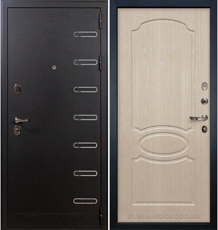 Металлическая квартирная порошковая дверь с МДФ - Витязь 14. Черный шелк / Беленый дуб