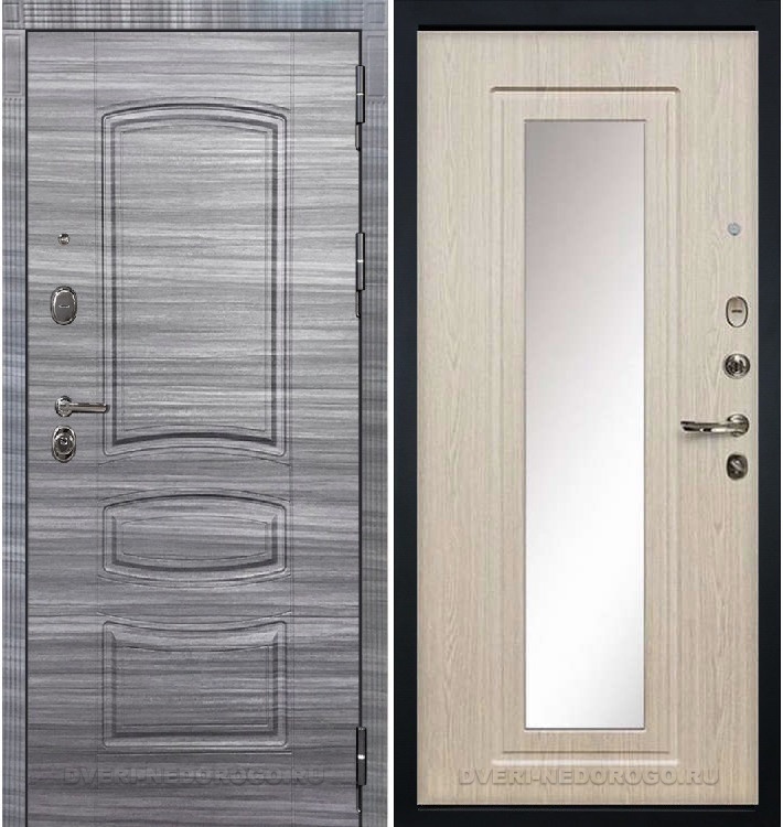 Дверь «Легион Сандал серый 23» входная с зеркалом сандал серый / беленый дуб (с зеркалом)