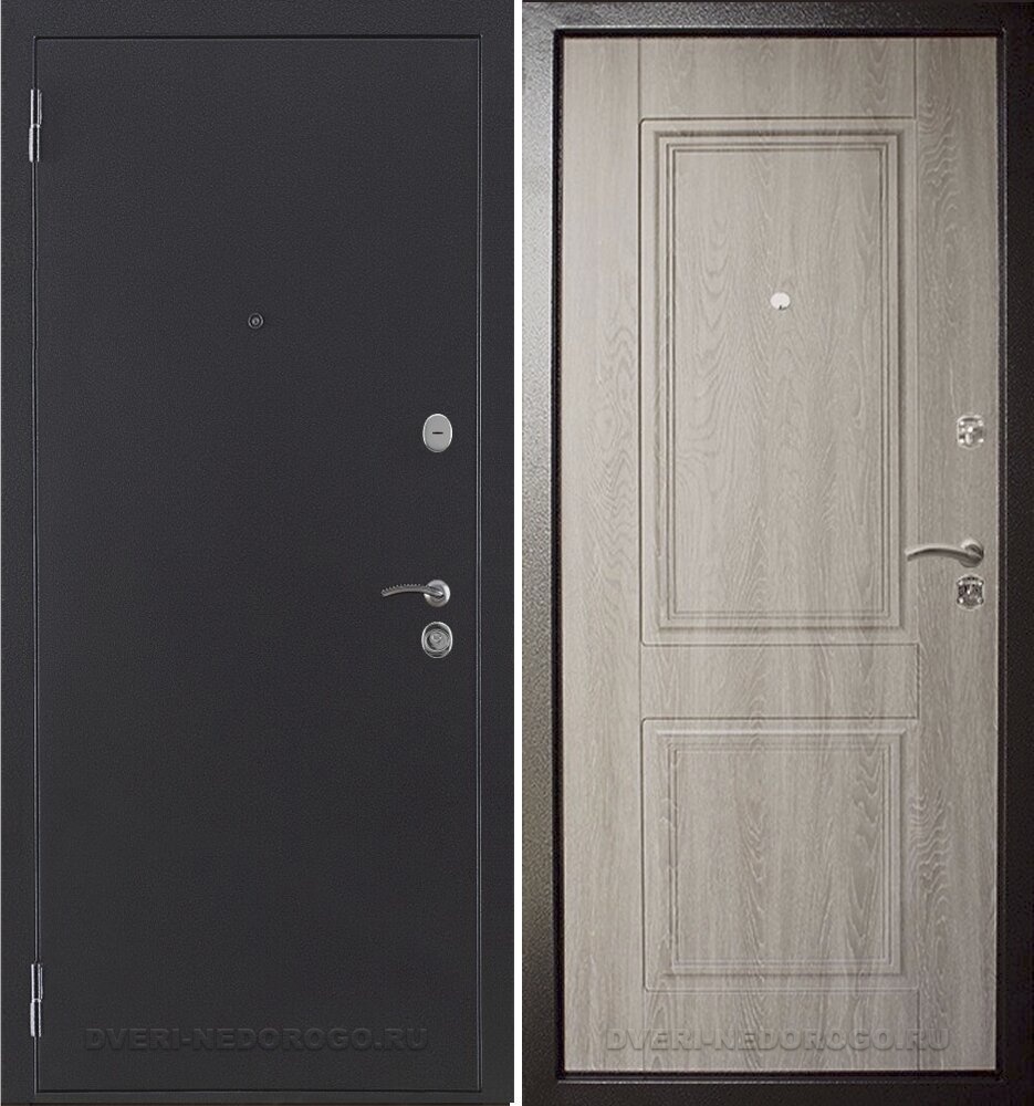 Дверь недорогая металлическая с порошковым напылением внутри МДФ - Абсолют Грей. Антик серебро / Дуб филадельфия грей