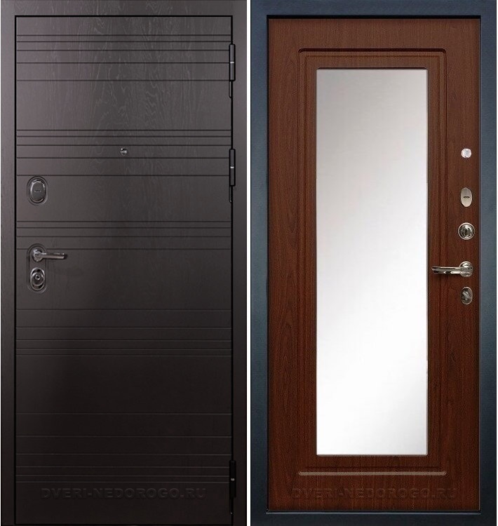 Дверь «Легион Ясень шоколадный 30» входная с зеркалом ясень шоколадный / береза мореная (с зеркалом)