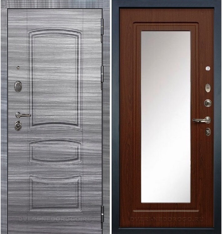 Дверь «Легион Сандал серый 30» входная с зеркалом сандал серый / береза мореная (с зеркалом)