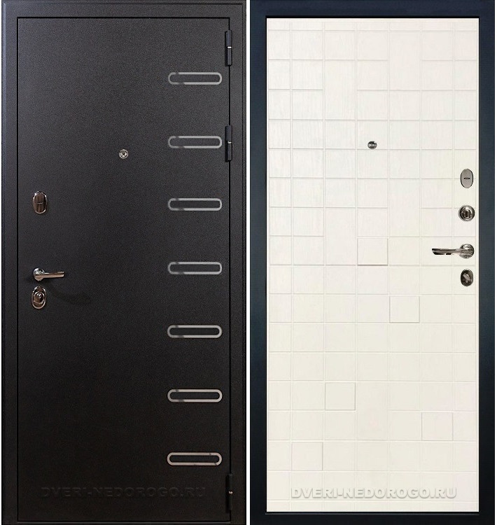 Металлическая квартирная порошковая дверь с МДФ - Витязь 56. Черный шелк / Белый ясень