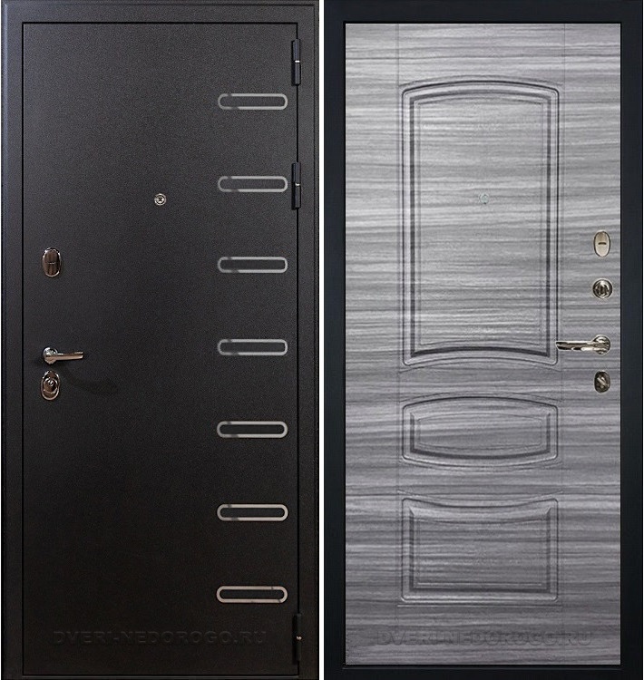 Металлическая порошковая дверь с МДФ внутри - Витязь 69. Черный шелк / Сандал серый
