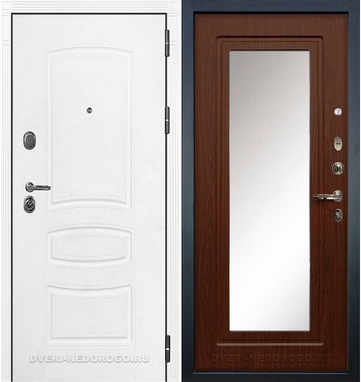 Дверь «Легион Белая шагрень 30» входная с зеркалом белая шагрень / береза мореная (с зеркалом)