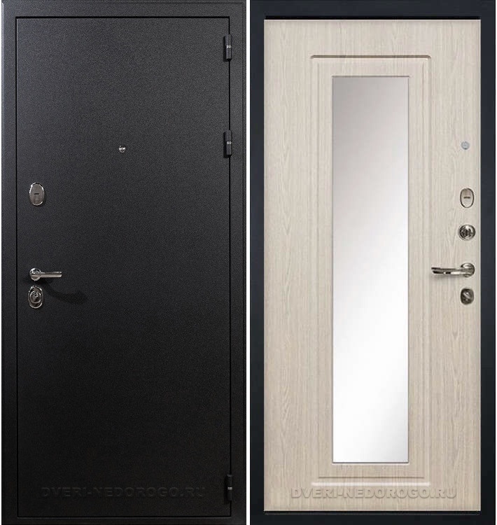 Дверь «Рим 23» входная с зеркалом черный шелк / беленый дуб (с зеркалом)