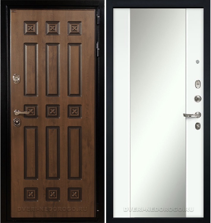 Дверь входная металлическая с зеркалом Гладиатор Винорит 61. Голден патина / Белый экошпон (с зеркалом)