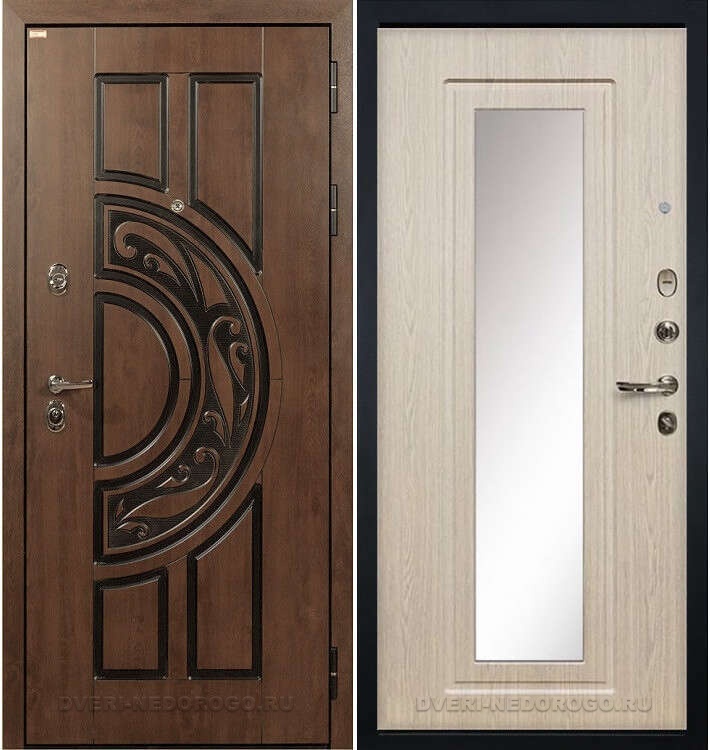 Дверь «Спартак CISA 23» входная с зеркалом голден патина / беленый дуб (с зеркалом)