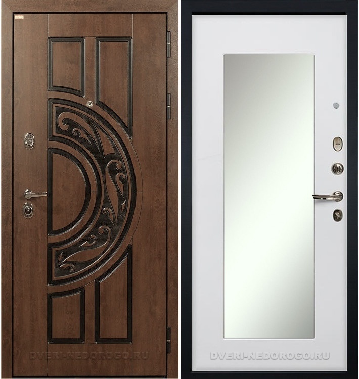 Дверь «Спартак CISA 37» входная с зеркалом голден патина / белый ясень (с зеркалом)