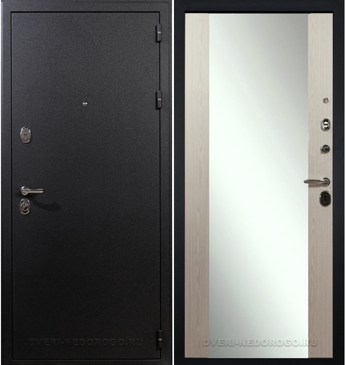 Дверь «Рим 45» входная с зеркалом черный шелк / беленый дуб (с зеркалом)