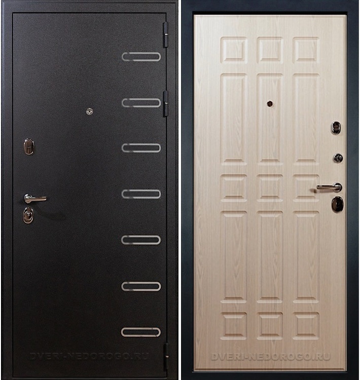 Металлическая порошковая дверь с МДФ внутри - Витязь 28. Черный шелк / Беленый дуб