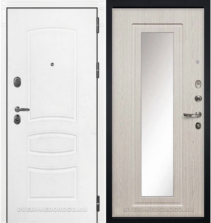 Дверь «Легион Белая шагрень 23» входная с зеркалом белая шагрень / беленый дуб (с зеркалом)